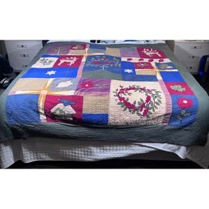 VTG Folk Art Quilt Queen Hand Appliqué Woodland Christmas Patchwork Farmhouse